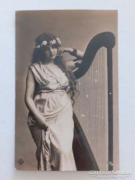 Old postcard 1909 lady with harp photo postcard