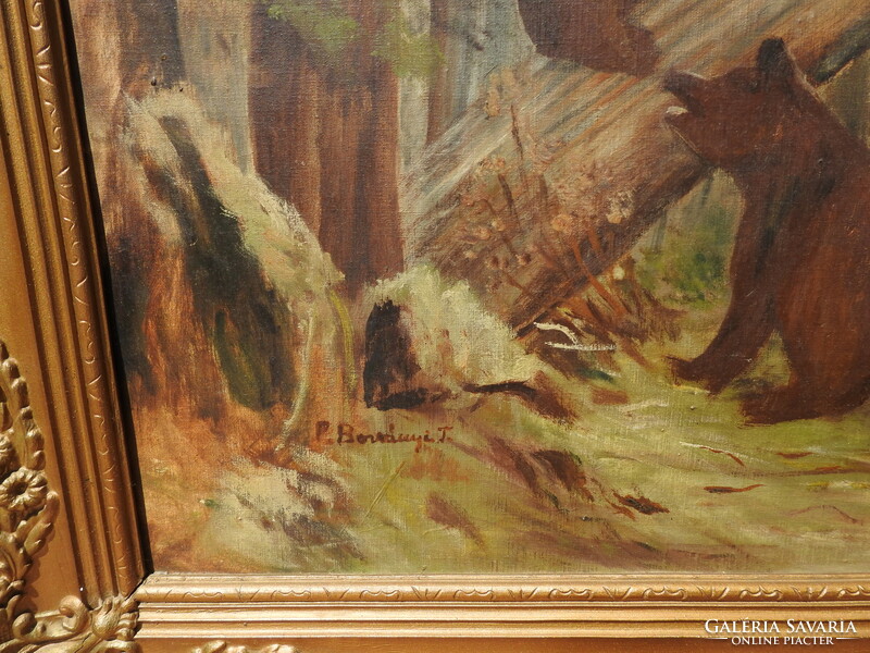 Ismeretlen festő - Fára mászó medvebocsok - hatalmas olaj vászon festmény blondel keretben