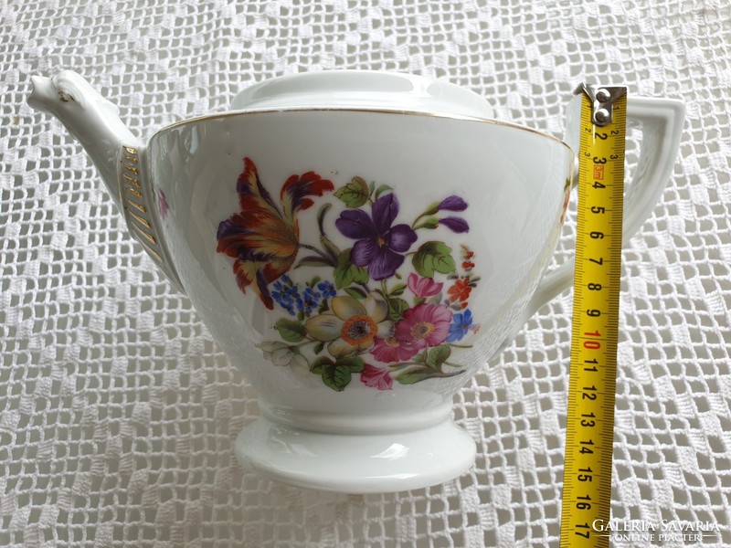 Régi Schlaggenwald porcelán virágos nagy teás kanna vintage kiöntő