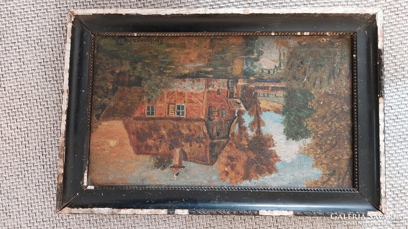 (K) antique waterfront house with stork 41x25 cm frame with Koritsánszky d signature