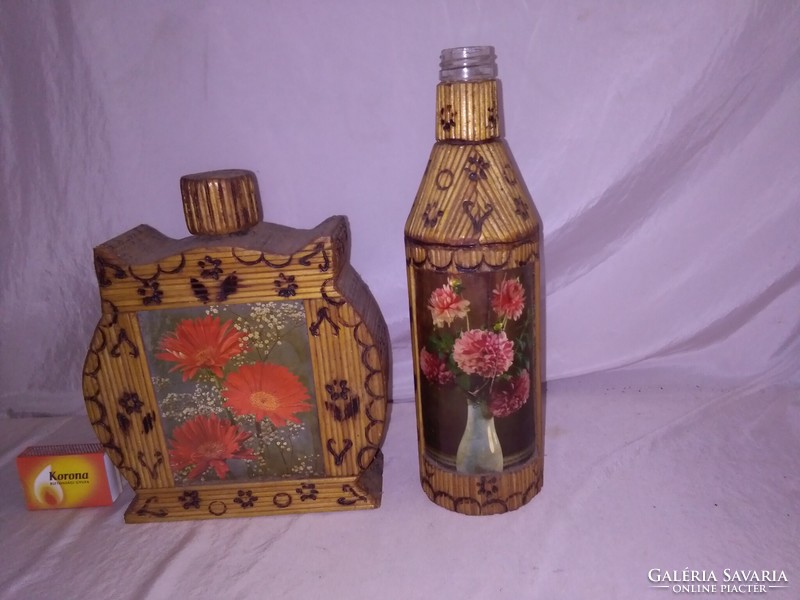 Two retro glass bottles together - chopsticks, burnt pattern, postcard - nostalgia
