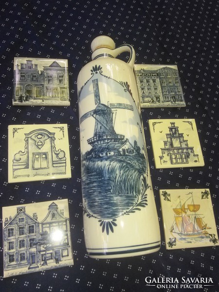 Delft holland porcelán palack dugóval és csempe poháralátétek