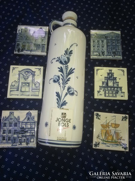 Delft holland porcelán palack dugóval és csempe poháralátétek