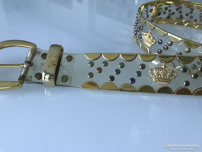 Plastic belt with gold crown decoration, color riveting, 110 cm long