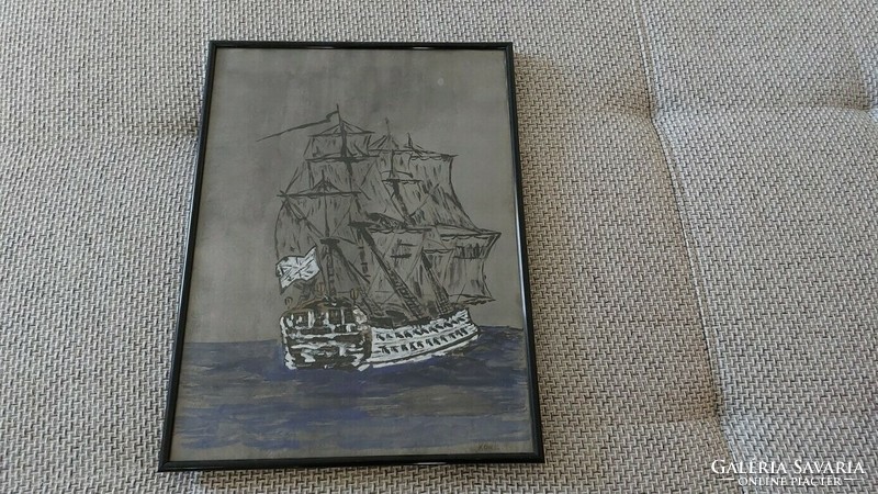 (K) signed ship painting with 30x40 cm frame
