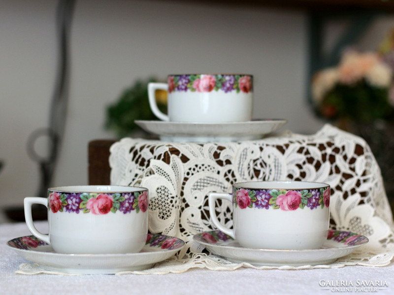 Rózsás porcelán teás szettek, antik Erdmann Schlegelmilch, 1800-as évek vége