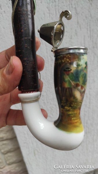 Beautiful antique porcelain pipe hunting scene! Rabbit hunting with dog