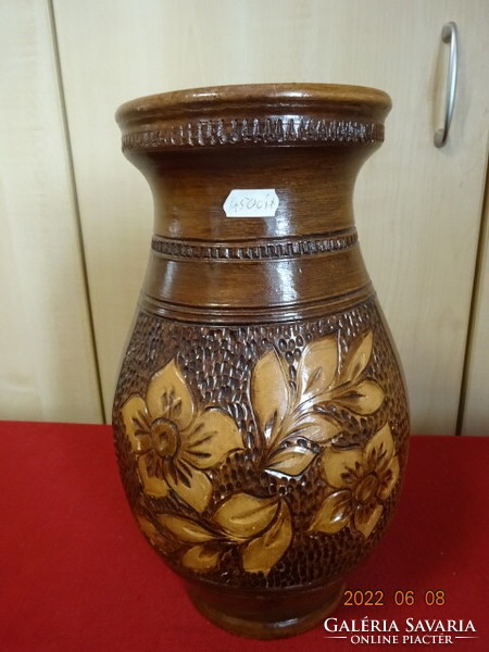 German glazed ceramic vase with a carved leaf pattern on the side. He has! Jókai.
