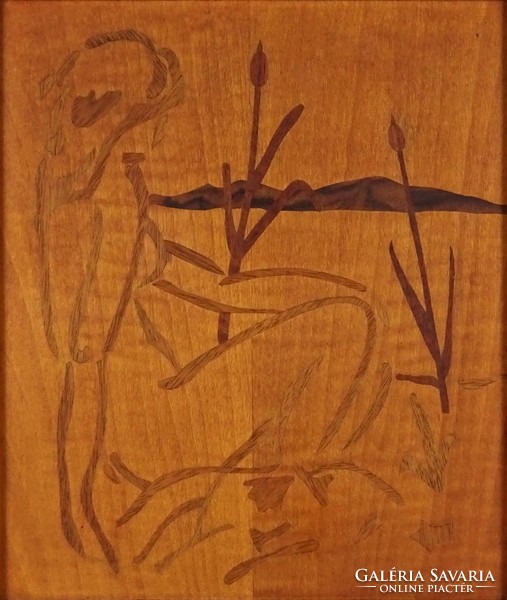1J269 Retro vízparti női akt intarziakép 31 x 26.5 cm