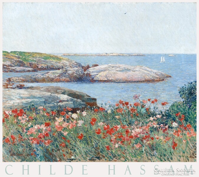 Childe Hassam Pipacsok a szigeten 1891 festmény művészeti plakátja, tájkép tengerpart virágos mező