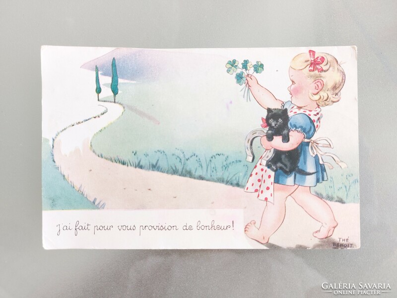 Régi képeslap művészrajz Thé Benoit levelezőlap kislány cica lóhere patkó