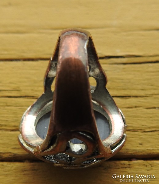 Antik ezüstözött bronz pecsétgyűrű hatalmas fekete kővel