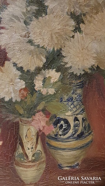 Igmándy Schranz Emil 1906-1987 festőművész, grafikus munkája, olajfestmény.Virág csendélet.