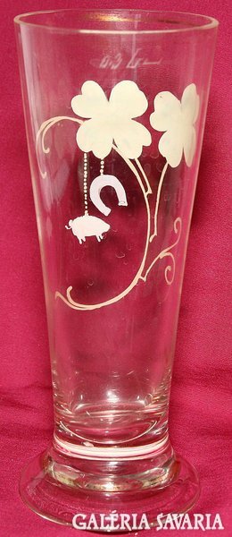 Antique enamel painted glass with a four-leaf clover and a cup decorated with a lucky horseshoe piglet