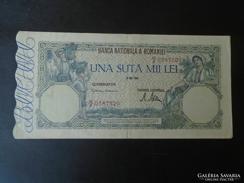 27  29  Régi bankjegy  -  ROMÁNIA 100000  Lej  1946 (május 28.) VF+