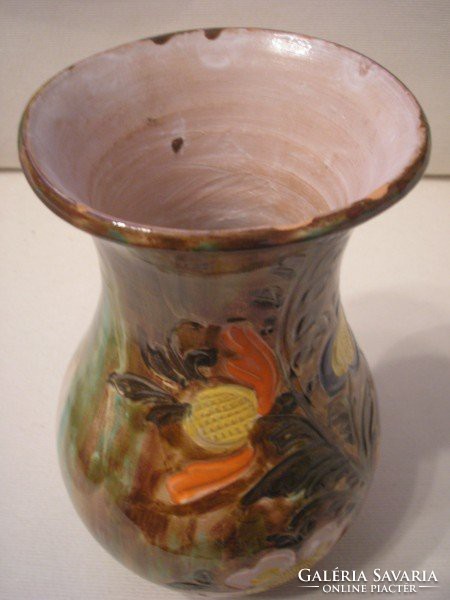 Antique Hévíz artistic marked ornament vase majolica glazed flower pattern rarity 23.5 Cm for sale