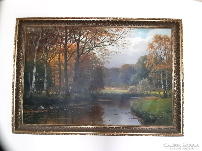 Antik nagy 110x160 cm festmény Lauritz Sörensen dán festő (1882-1968) Tájkép nyírfákkal és folyóval