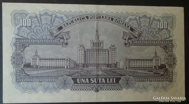 27  65 Régi bankjegy  -  ROMÁNIA  100  Lej  1952  VF+  piros sorozatszám  ritka (nagyon ritka)