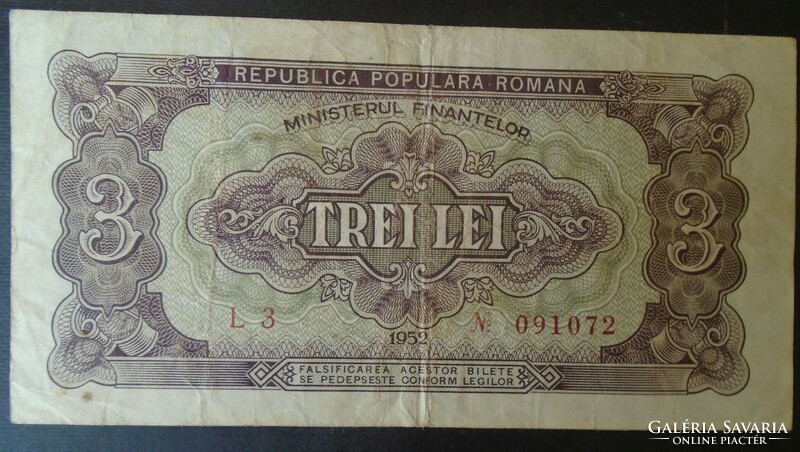 27  56   Régi bankjegy  -  ROMÁNIA  3  Lej  1952   piros sorszám  ritka