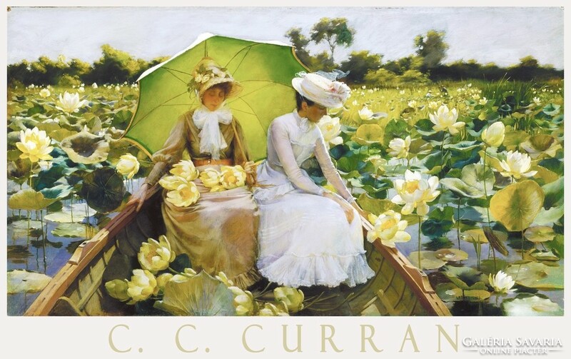 Charles Courtney Curran Lótusz liliomok 1888, festmény művészeti plakátja, hölgy csónak tó napernyő