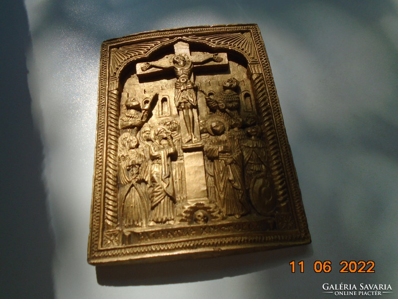 Antique gold gold interesting relief relief of Christ on the cross, Cyrillic inscription