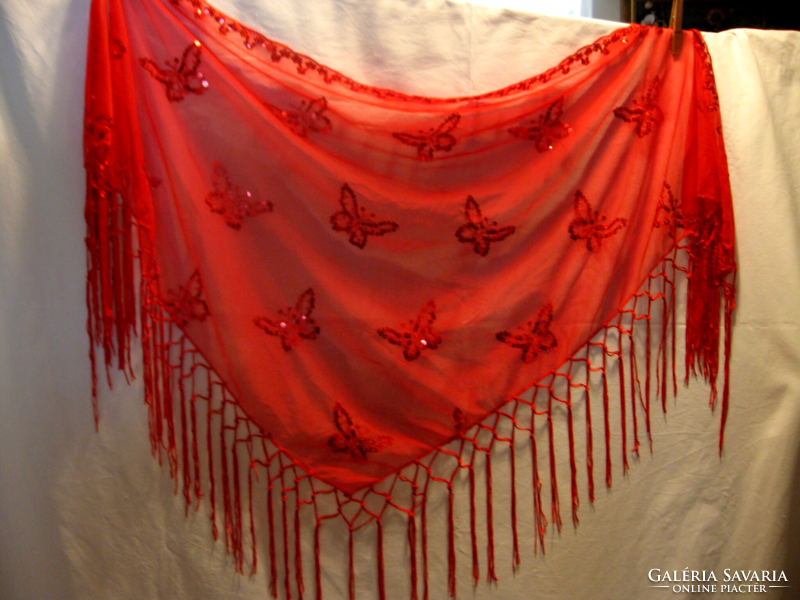 Red butterfly fringed shoulder scarf embroidered with sequins, belly dancing scarf