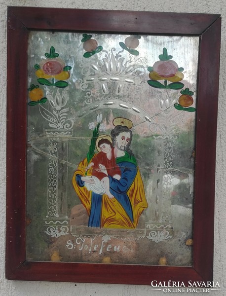 Antique 1800s mirror fringe icon image, holy. Joseph the Little Jesus, XIX century