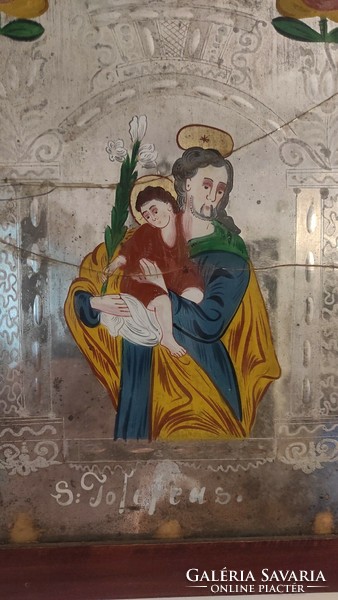Antik 1800-as évek Tükör-foncsor  ikon kép,Szent. József Kis Jézus , XIX század