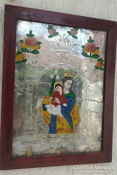 Antik 1800-as évek Tükör-foncsor  ikon kép,Szent. József Kis Jézus , XIX század