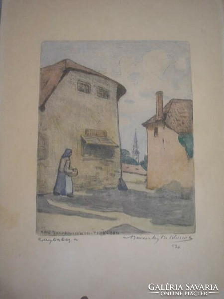 With Tabán sign from 1930 harem window remains, by Vilmos Bereczky - colored etching, in Tabán