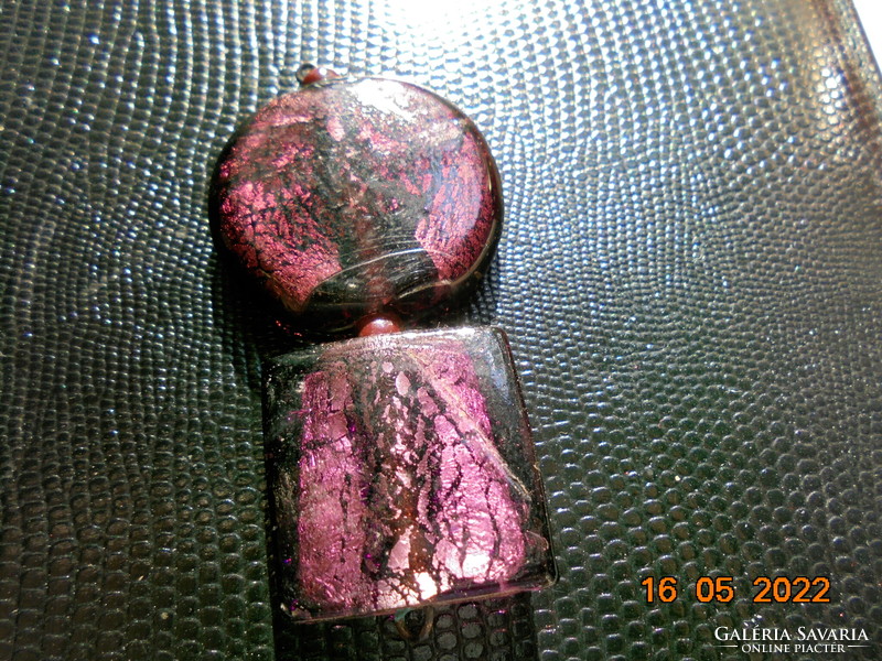 Muranói kétrészes ezüst lemez zárványos lilás-rózsaszín medál