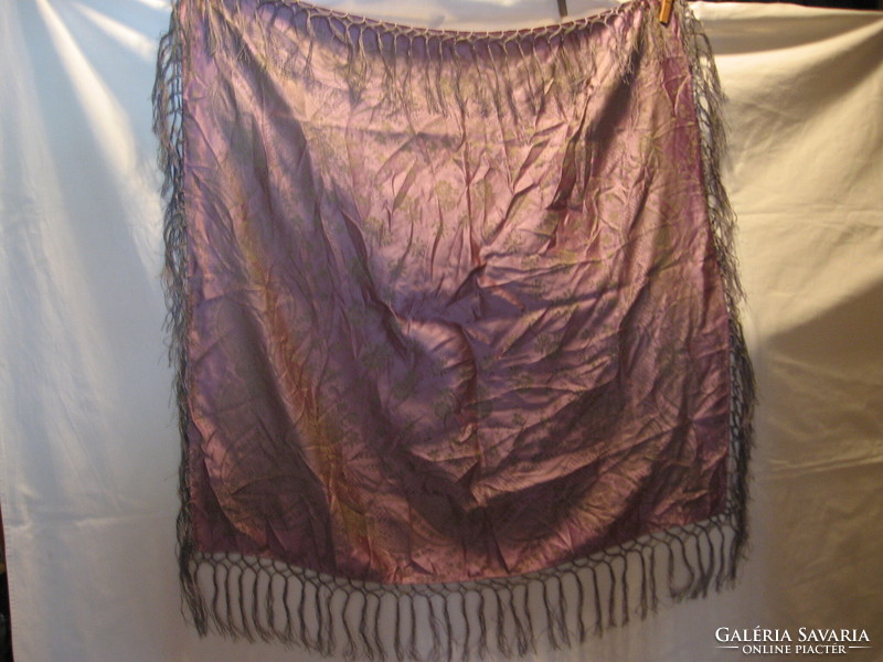 Silk damask purple-green scarf with tablecloth baroque pattern and tassels