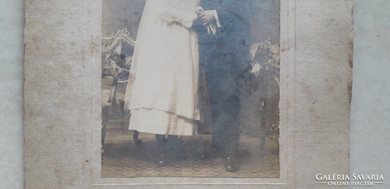 Antik esküvői fotó régi kartonfotó vintage menyasszony vőlegény fénykép