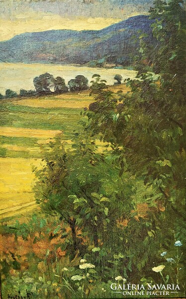 Ferenc Krutsay (1868 - 1924) Danube Bend Dömös Landscape c. Painting 84x60cm with original guarantee!