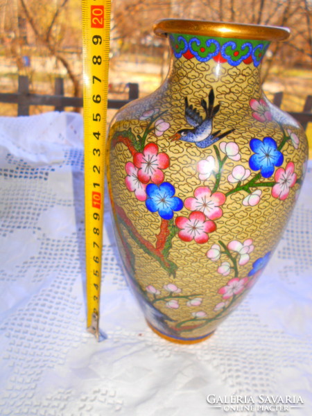 Tűz zománc  váza  CLOISONNÉ 20 cm -barackvirág ágak  madárral