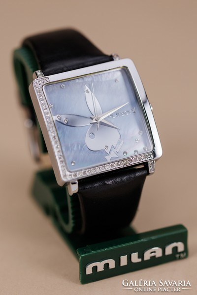 Playboy, women's elegant watch with black leather strap and new battery.