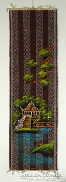 1J527 Hatalmas pagodás vietnámi gyékény fali dísz 104 x 30 cm