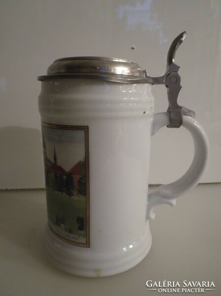 Pitcher - tin lid - painted - porcelain - beer - German - 5 dl - flawless