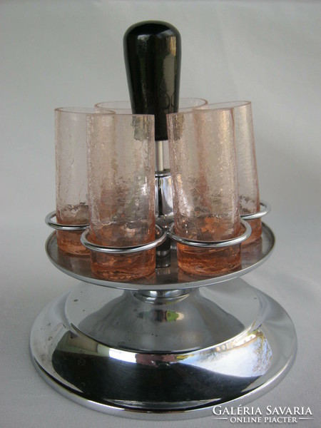 Retro ... Karcagi Berekfürdői színes fátyolüveg repesztett üveg pohár készlet fém tálcával