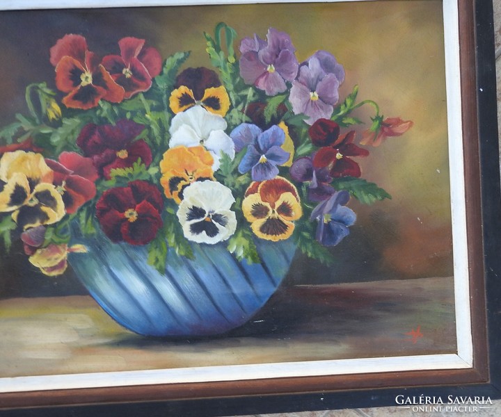 Unknown painter - pansy still life - marked oil / canvas painting