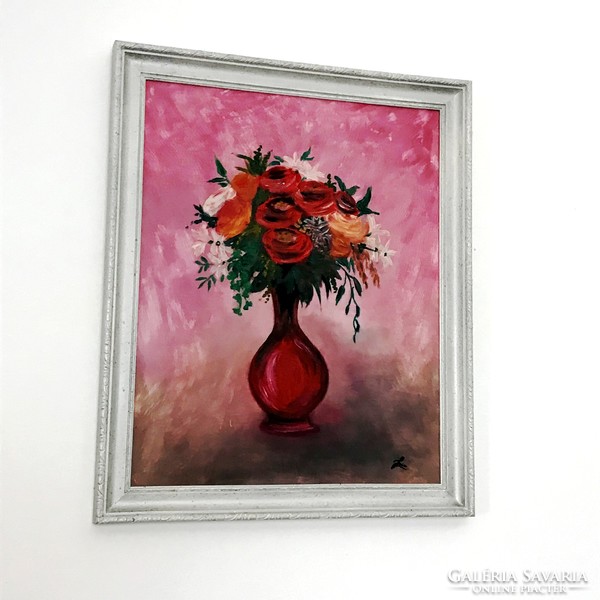 Oil painting on wood, realistic still life in a slightly modern style in a silver wooden frame