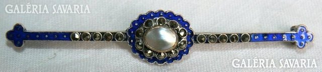 Antique silver marcasite with mother of pearl and enamel ornament.Bross