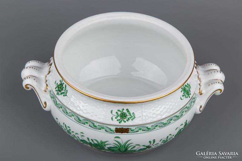 Herend green Indian basket patterned soup bowl with handle lid ii. # Mc0582