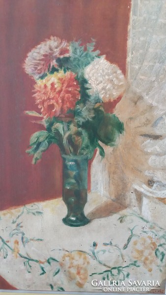 Michael Ignácz: flower still life oil, cardboard painting, signed, 75 cm