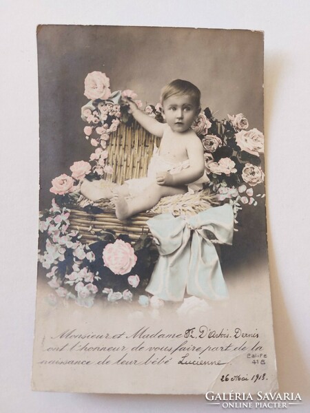 Régi képeslap 1913 fotó levelezőlap baba rózsák