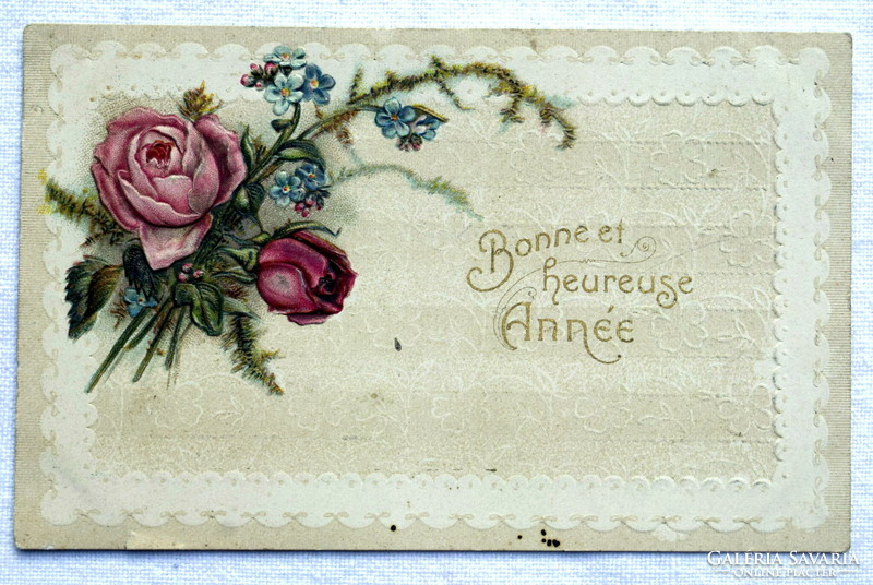 Antik dombornyomott  Újévi üdvözlő képeslap rózsák