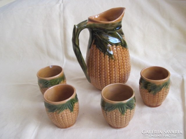 Magyarszombatfai corn pattern ceramic wine set jug and 3 glasses