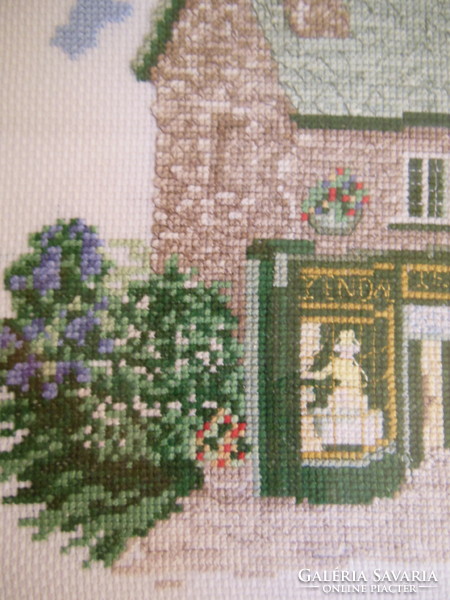 Tapestry - 33 x 29 cm - picture Christmas tea house - handmade - marked - wooden frame - glass - flawless