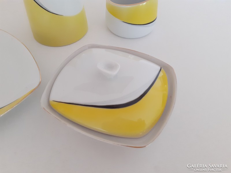 Retro Hollóházi mid century porcelán készlet Gazder Antal sárga fehér dísztárgy váza tálka bonbonier