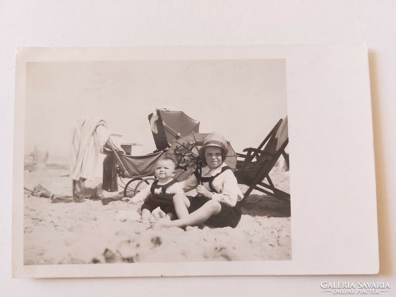 Old postcard 1929 photo postcard beach kids stroller